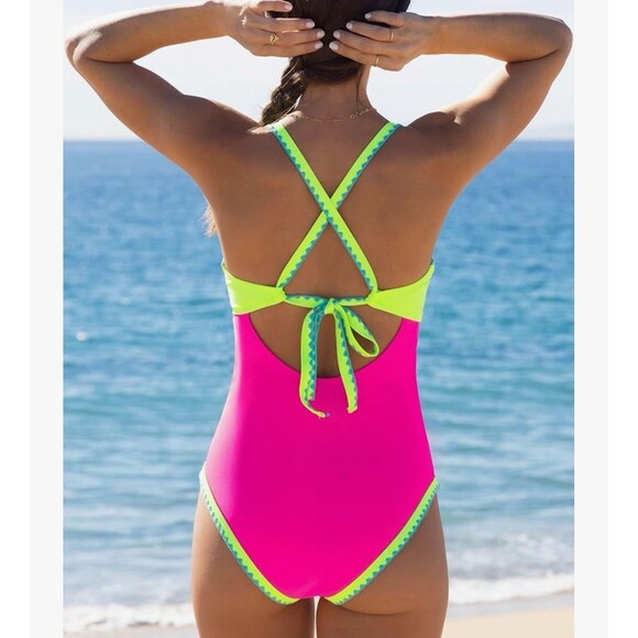 Popvil Neon Color Block One Piece Bathing Suit Women Tummy Control swimsuit L - Picture 2 of 15